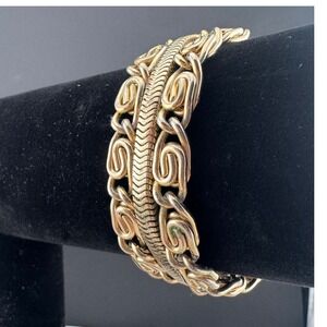 Vintage Scroll Chain Bracelet Gold Tone Triple Strand Snake Safety Chain